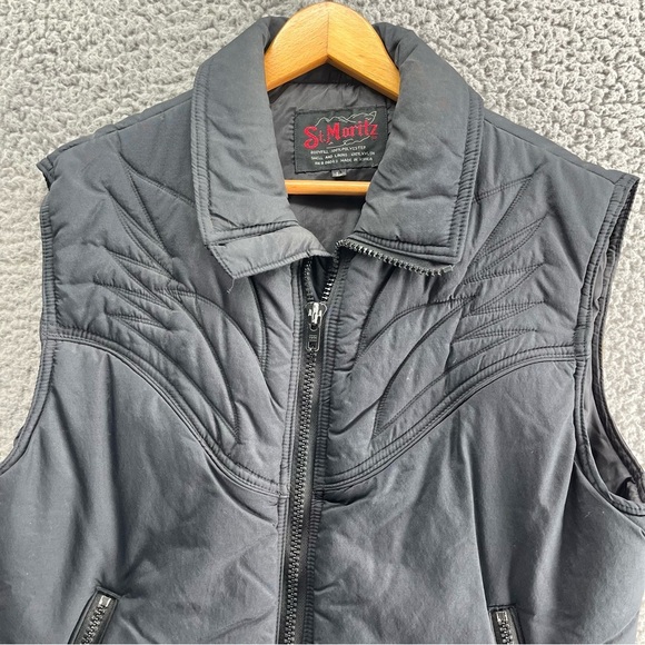St. Moritz Vtg Black Puffer Vest Outdoors Activewear Retro Size L Embroidered - Picture 2 of 10